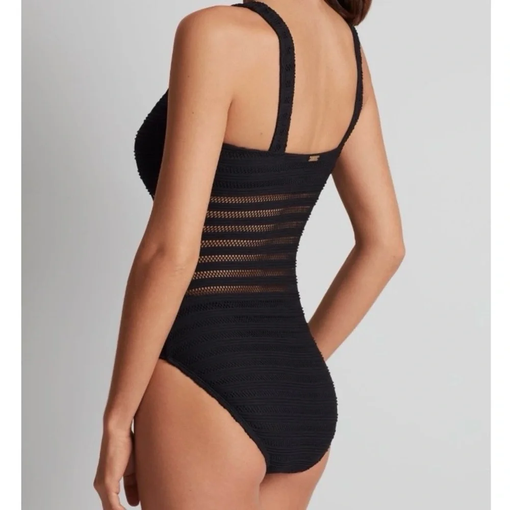 Lauren Ralph Lauren Black Striped Ottoman Mesh One-Piece Swimsuit Size 12
